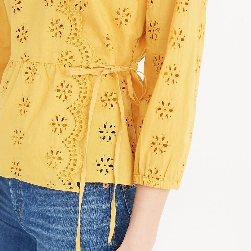 Madewell Scalloped Eyelet Wrap Blouse Mustard Yellow Boho Top - Picture 14 of 15
